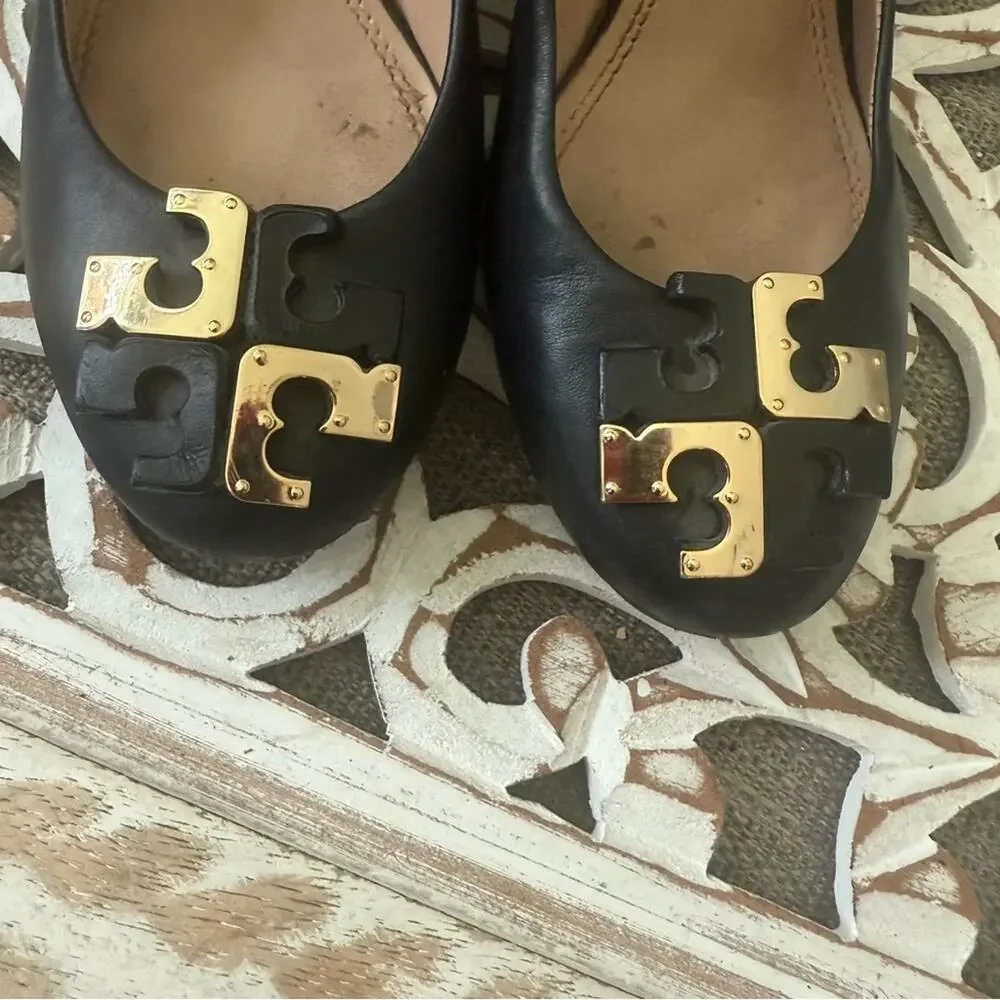 Tory Burch Black Wedge Heels Gold Logo Shoes Women’s 6